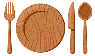 Wall Mural - Wooden plate with spoon knife fork set isolated on a white background. Top view brown wood material cutlery and serving plate for food design template. Vector flat design cartoon style illustration.