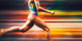 Fototapeta  - Captivating image of woman's lower half running on track with artistic, colorful blur portrays feminine speed and determination, perfect for fitness or sportswear ads. Generative AI