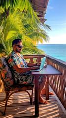 Wall Mural - digital male traveler is sitting and working on his laptop while enjoying the view of the beach and coconut trees created with Generative AI Technology