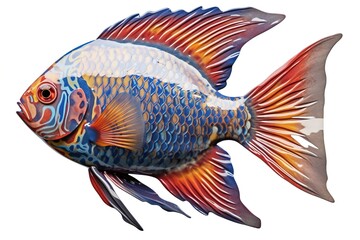 Poster - drawing of colored fish isolated on white background. Generated by AI.