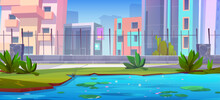 City Park Garden Path With Fence And Swamp Cartoon Background. Sidewalk On Town Street With Cityscape View On Skyscraper And Waterlily In Lake. Empty Public Zoo Area In Summer With Metal Wall And Bush