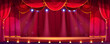 Cartoon theater concert stage with red curtain and spotlight vector background. Music or movie podium in empty cinema. 2d opera play scenery . School comedy performance showtime platform illustration
