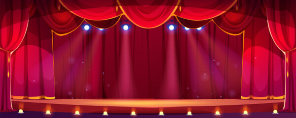 Cartoon theater concert stage with red curtain and spotlight vector background. Music or movie podium in empty cinema. 2d opera play scenery . School comedy performance showtime platform illustration