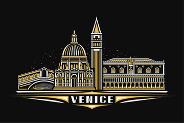 Vector illustration of Venice, black horizontal card with linear design famous venice city scape on dusk sky background, historical urban line art concept with decorative letters for white text venice