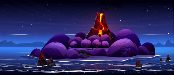 Wall Mural - Night volcano island in ocean cartoon vector background. Magma eruption glow on exotic tropical isle beach near palm tree. Beautiful volcanic lava steam in forest game design. Rock in sea water