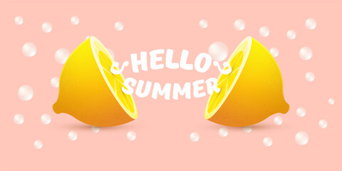 Wall Mural - Vector Hello Summer Beach Party horizontal banner Design template with fresh lemon isolated on pink background. Hello summer concept label, flyer and poster with lemon fruit and typographic text.