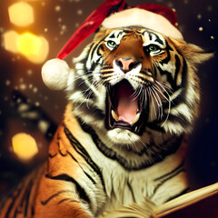 Portrait of a tiger singing a Christmas carol with a santa hat