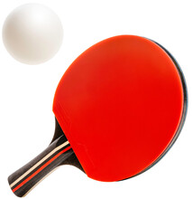 Table Tennis Racket And Table Tennis Ball On White Background, Ping Pong Racket And Ping Pong Ball Sports Equipment On White PNG File.