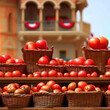 © 2D_Jungle - Tomatoes in baskets arranged on a wooden balcony against the backdrop of La Tomatina Festival.Generative AI
