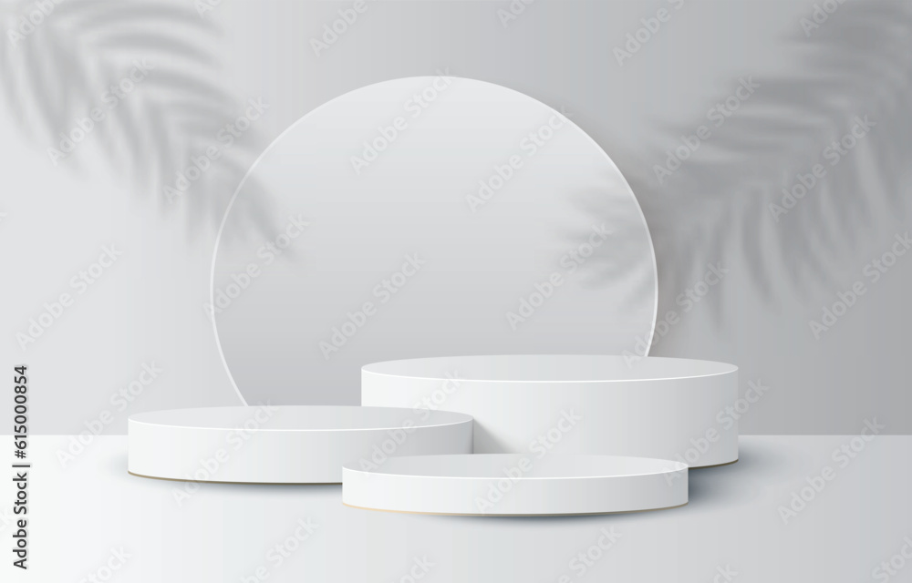 Abstract 3D room with realistic cylinder pedestal podium set. Minimal ...