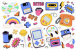 © alexdndz - 90s retro style mega set graphic elements in flat design. Bundle of music discs, floppy disk, mouth with tongue, cassette, toys and devices, rainbow, candy, other. Illustration isolated objects