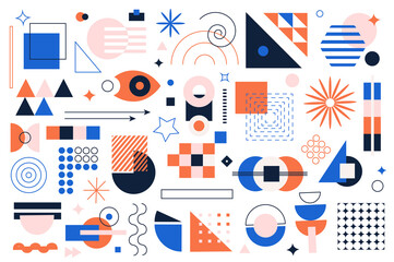 Aufkleber - Geometric shapes mega set graphic elements in flat design. Bundle of squares, curl lines, circles, stars, triangles, arrows and other simple forms and composition. Illustration isolated objects