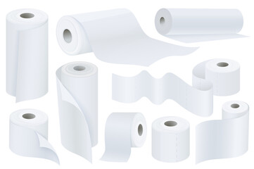 Poster - Toilet paper mega set graphic elements in flat design. Bundle of white paper rolls mockups with wave tape of hygienic wipes, kitchen towels or washroom accessory. Illustration isolated objects