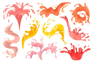Aufkleber - Liquid splashes with drops mega set graphic elements in flat design. Bundle of colorful liquid falling and flowing, juicy or milk beverage streaming with sprays. Illustration isolated objects