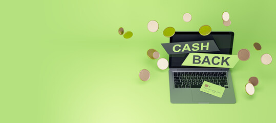 Online banking, payment and financial concept with top view on cash back sign on laptop with golden coins and green credit card background for your advertising poster or logo. 3D rendering, mockup