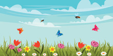 Vector Illustration Of A Beautiful Landscape With A Meadow. Cartoon Scene Of Sunny Landscape With Sky And Clouds, Grass, Flowers: Daffodils, Tulips, Roses, Poppies, Daisies, Butterflies And Bees.