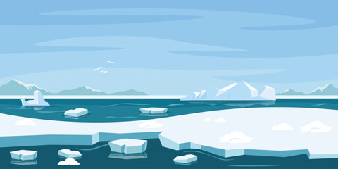 Vector illustration of a beautiful arctic landscape. Cartoon scene of a beautiful winter arctic landscape with the sky and birds, snowy mountains, icebergs, glaciers, sea. Antarctica. Polar circle.