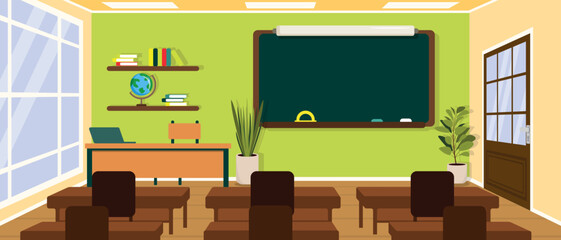 Vector illustration of a beautiful interior of a school room. Cartoon scene of a school room with blackboard, chalk, protractor, teacher's desk, bookshelves, globe, desks for students, flower pots.