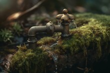 Water Flows From An Old Tap Covered In Moss And Mold. Generative AI