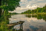 Fototapeta Pomosty - Widok na stary drewniany pomost na jeziorze, chmurki odbijające się w wodzie, zieleń drzew