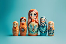 Matryoshka Nesting Dolls Isolated On Blue Plain Studio Background, Made With Generative Ai