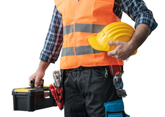 Wall Mural - Repairman holding a toolbox and hard hat