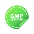 Green color peel sticker label with word GMP. GMP - Good manufacturing practice vector stamp on white background. Certified round stamp. Vector illustration