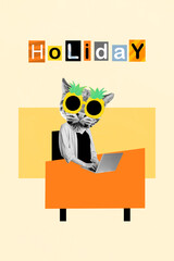 Sticker - Collage picture of funky tiger head lady wear pineapple glasses working dreaming holiday isolated drawing background