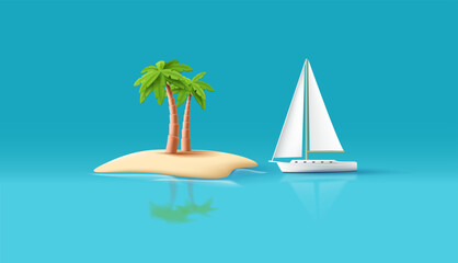 Wall Mural - Vector 3d illustration of tourist island with palm tree and yacht on the sea, uninhabeted island eco tourism vacation