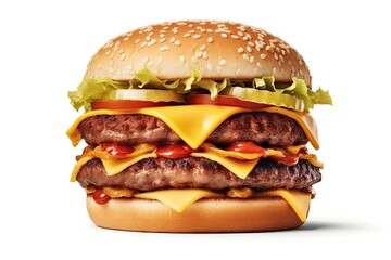 Wall Mural - Grilled Hamburger on White Background. Isolated Beef Burger Meal Fast Food