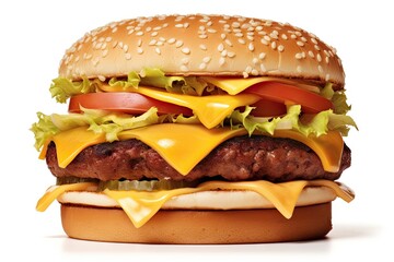 Wall Mural - Grilled Hamburger on White Background. Isolated Beef Burger Meal Fast Food