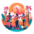 Summer music party. Guitar and palm trees against a backdrop of sunshine. Cartoon vector illustration. Invitation