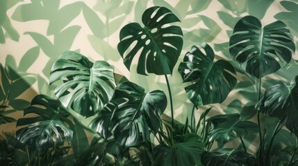 Wall Mural - Closeup nature view of tropical green monstera leaf and palms background. Flat lay, fresh wallpaper banner concept.
