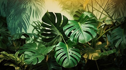 Wall Mural - Closeup nature view of tropical green monstera leaf and palms background. Flat lay, fresh wallpaper banner concept.