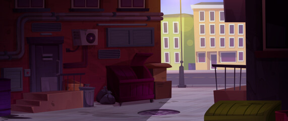 Old city alley street cartoon vector background. Trash and building brick wall in shadow of cityscape apartment facade illustration. Dirty urban nyc alleyway with dumpster near empty road game scene.