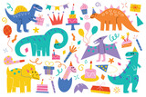 Fototapeta Dinusie - Funny dinosaurs birthday party, hand drawn tyrannosaurus, collection of birthday cakes, doodle hats, kid drawing vector illustrations for greeting cards, invitations, adorable childish raptors set