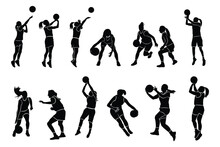 Women Basketball Player Silhouettes. Basketball Players Isolated Vector Illustration. Slamdunk Style Basketball Player Silhouette Vector Illustration. Good For Sport Graphic Resources.