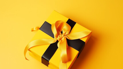 Bright yellow gift present box with ribbon. Generative ai.