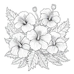Wall Mural - Cute Hibiscus flower in coloring page style illustration. Line art painting. Generative AI