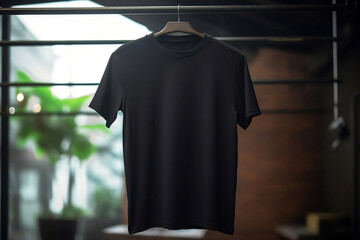 Wall Mural - Black cotton T-shirt hanging on a hanger, a place for text