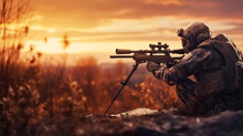 Photo Of A Soldier With Sniper Rifle From A Rifle With An Optical Sight. On The Sunset. Shooting And Hunting Concept,