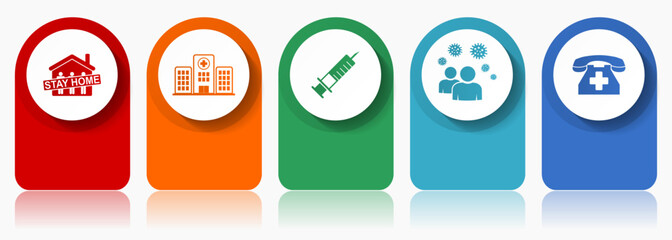 Leinwandbilder - Health and medicine icon set, miscellaneous vector icons such as stay home, hospital, vaccine, people and emergency phone, modern design infographic template, web buttons in 5 color options