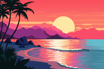 Poster - Landscape of a beautiful sunset on the beach. Warm, gorgeous sunset on a paradise beach. Calm ocean waves, palm trees and mountains. Paradise pleasure, rest, sea, beach. Vector.