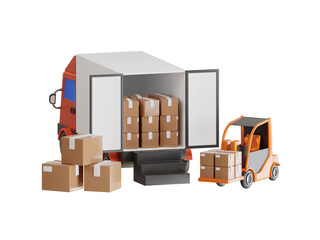 3d loading boxes of packages onto truck. forklift loads packages onto truck. delivery service and free shipping illustration concept