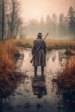 Illustration, View Of A Hunter Standing In A Swamp In The Forest, Ai Generative