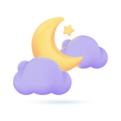 Wall Mural - 3D weather forecast icons Night with moon and clouds on a rainy day. 3d illustration