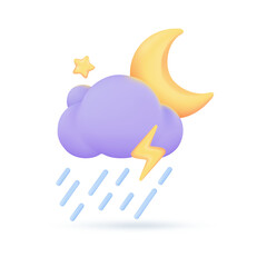 Wall Mural - 3D weather forecast icons Night with moon and clouds on a rainy day. 3d illustration