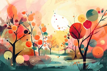 Wall Mural - Beautiful abstract illustration of trees with fruits, orchard.