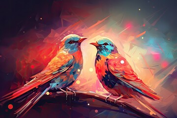 abstract illustration two colorful birds on a tree branch. Multicolored bright background.