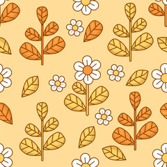 Wall Mural - Floral seamless pattern with daisy flowers and leaves on yellow background. Groovy trendy modern vector Illustration for wallpaper, design, textile, packaging, decor.